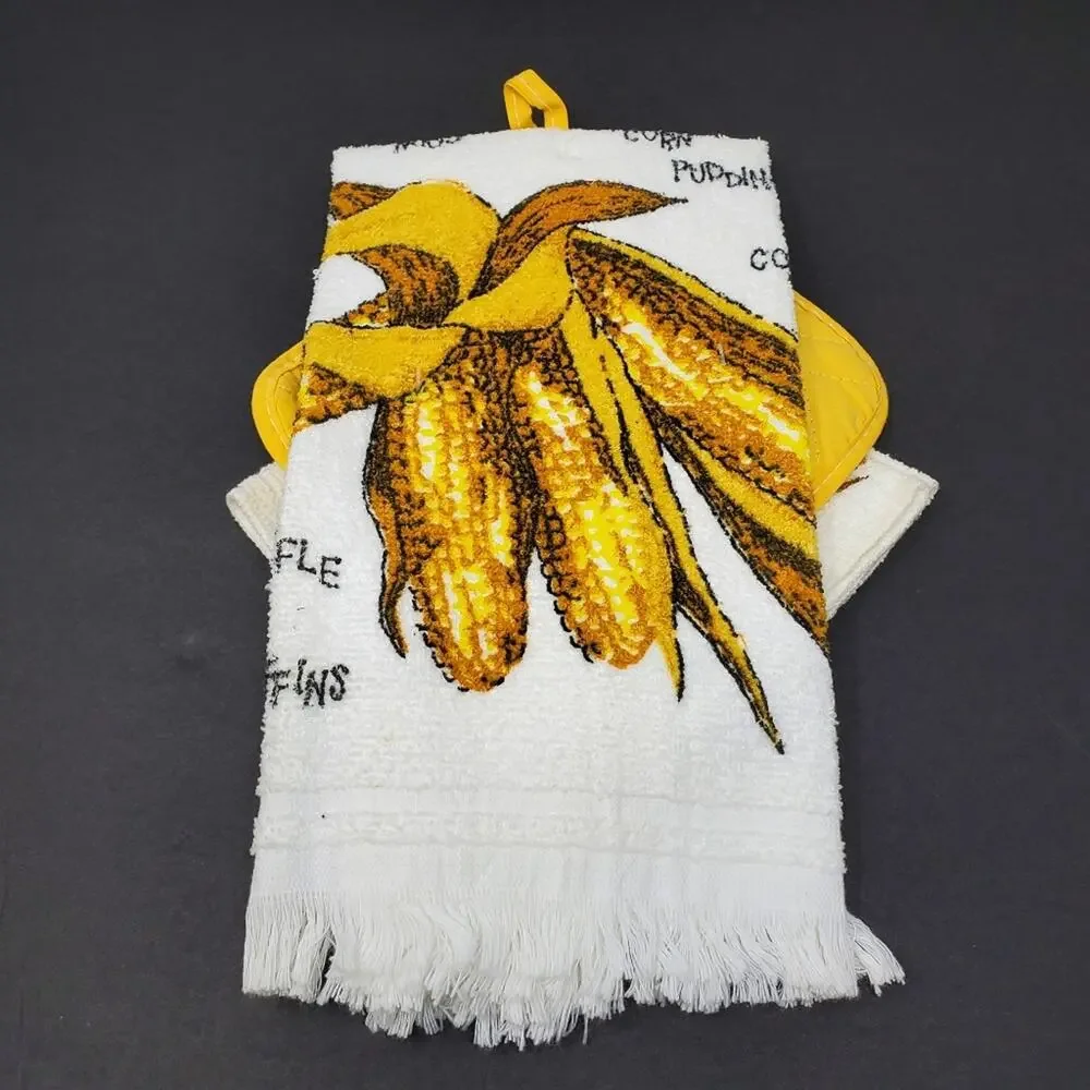 R.A. Briggs & Co 3 Pc Kitchen Ensemble of Corn themed kitchen Linens